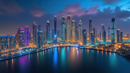 Fototapeta premium A breathtaking night aerial view of a city skyline, where skyscrapers glow with vibrant, colorful lights