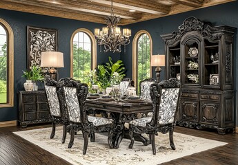 Fototapeta premium Elegant Dark Wood Dining Room with Stylish Furniture and Decor