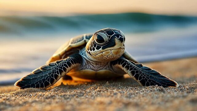 baby sea turtle on sand beach with bokeh light