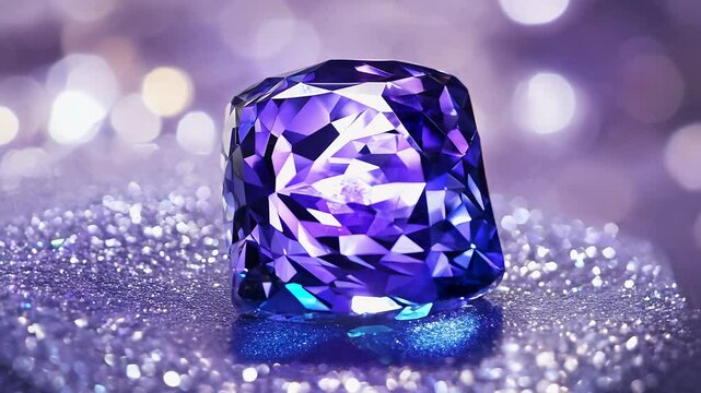 Close up view of a vibrant gemstone, showcasing its deep blue purple hues. The gem rests on a sparkling, glittery surface with a bokeh background