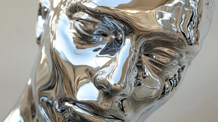 Abstract metallic human face sculpture reflecting light and shadows