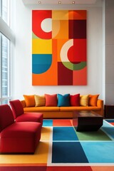 Colorful modern interior with abstract wall art, vibrant cushions, geometric patterns, and contemporary furniture