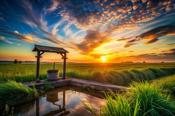 Silhouette of Old Water Well at Sunset - Rural Scene Stock Photo