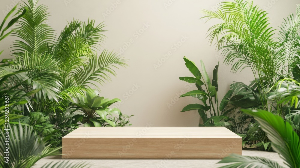 Aufkleber a spacious wooden podium stands amid vibrant green plants, creating a serene atmosphere. the setting
