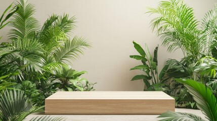 Fototapeta premium A spacious wooden podium stands amid vibrant green plants, creating a serene atmosphere. The setting is bright and inviting, perfect for a spring event or presentation focused on nature.