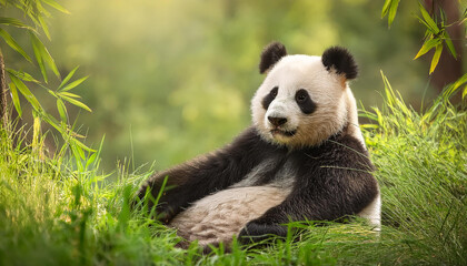 Fototapeta premium cute panda sitting on inexperienced grass