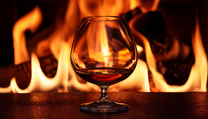 empty glass of cognac inside the hearth flames