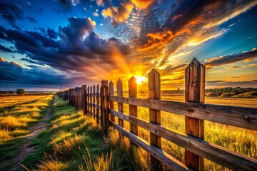 Obraz premium Silhouette of Rustic Wooden Fence at Sunset, Countryside Landscape