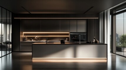 Fototapeta premium A cutting-edge kitchen featuring sleek cabinetry, state-of-the-art appliances, and a spacious central island, all highlighted by ambient lighting and expansive windows for a minimalist look