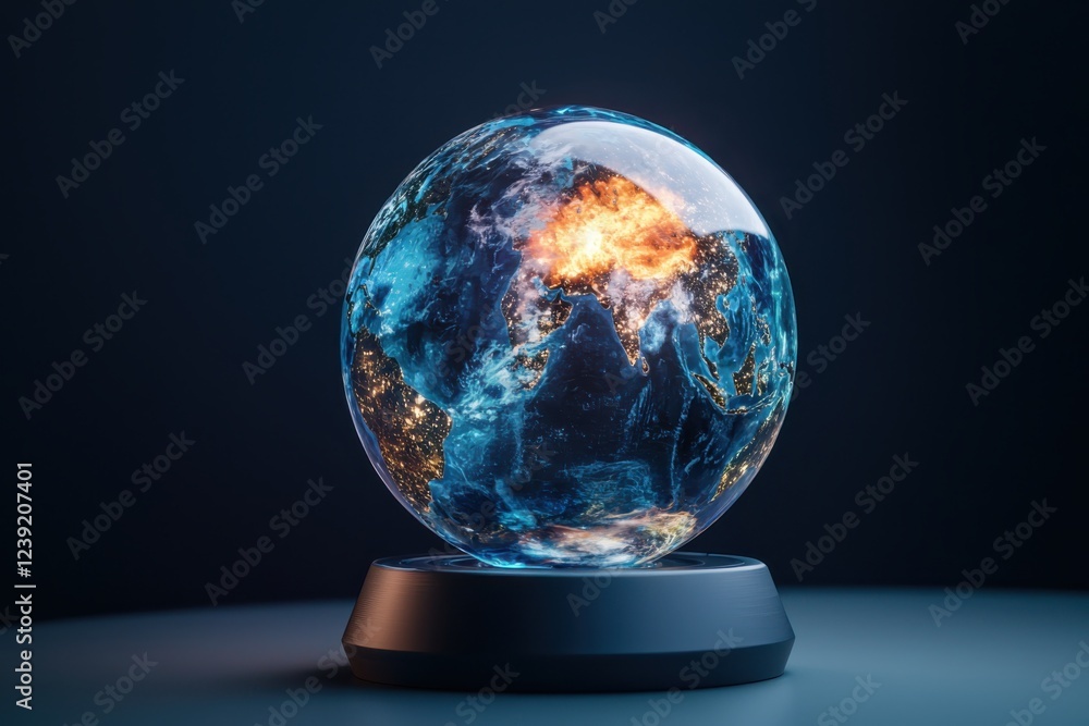 Poster showcasing climate data holographic globe presentation virtual environment vivid colors displaying e