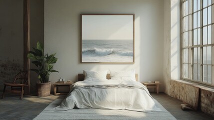 Serene bedroom with ocean artwork and sunlit windows in cozy minimalist style