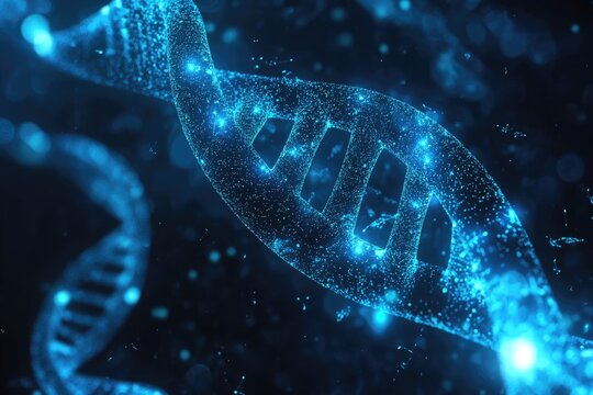 3d rotating DNA chains in a glowing network background. Genetic research and biotechnology innovations. Artificial intelligence and medical tech science concept.
