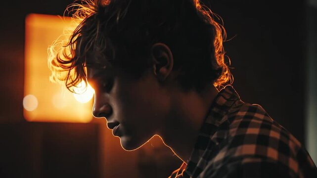 close up portrait of young teenager man sitting with glow light background, dramatic scenery