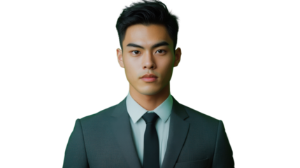 Serious asian businessman looking directly on transparent background