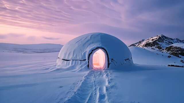 Warm light illuminating the entrance of a modern igloo built in a snowy landscape at dusk, creating a cozy and futuristic atmosphere video 4k