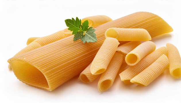 pasta original italian pasta of tripoline type raw uncooked macro close up isolated on white background