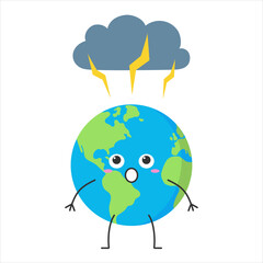 Earth cute character cartoon planet fear fright face emotion thunderstorm rain vector illustration.