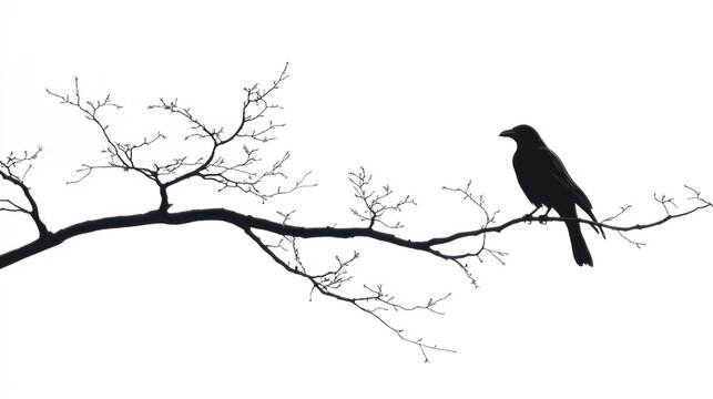 Crow perched on bare winter branch, minimalist design, nature background