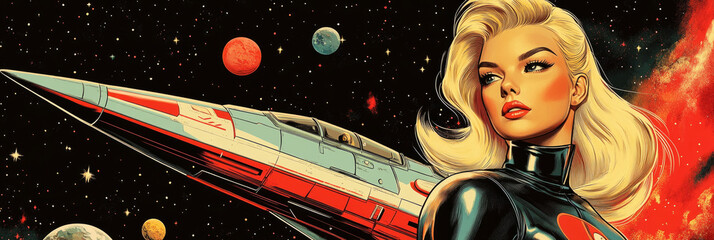A heroic woman in a futuristic space suit stands proudly beside a spaceship, embodying strength and courage against a cosmic backdrop of stars and planets in this empowering pin-up banner