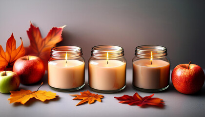 three scented candles in glass jars with apples and autumn leaves on a grey background creating a cozy fall atmosphere