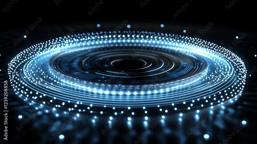 Poster a futuristic 3d-rendered circular wave, visually representing a digital music sound wave with glowin