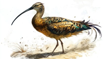 Fototapeta premium Curlew bird coastal habitat, wildlife illustration