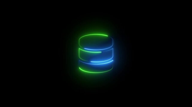 Database symbol icon animation neon glow blue and green color on black background