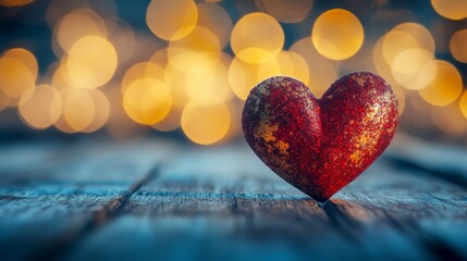 Red Glitter Heart on Rustic Wooden Surface with Bokeh Lights