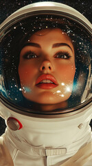 The confident, glamorous girl in a futuristic space suit stands strong in an art-deco style poster, promoting women in the space nurses force with a cosmic starry background