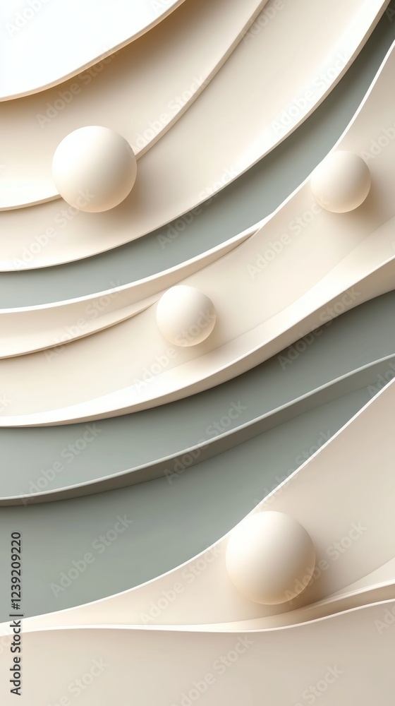 Aufkleber background design featuring smooth curves and spheres in a soft color palette for creative chaos