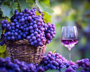 Naklejka premium A captivating scene of rich purple grapes cascading from a rustic woven basket, paired with a crystal-clear wine glass filled to perfection.