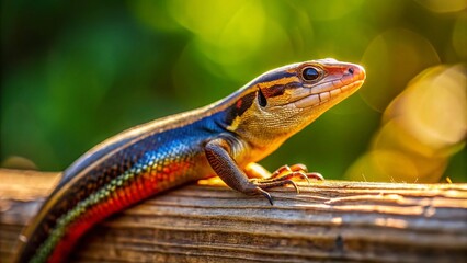 Obraz premium Skink Basking on Old Wooden Fence - Reptile Wildlife Stock Photo