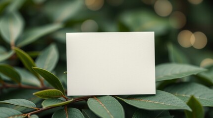 Blank White Card Mockup on Green Leaves