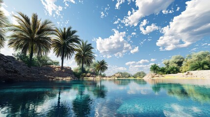 Obraz premium Relaxing oasis escape serene desert photography tranquil environment wide angle crystal clear pond with palm trees under blue sky