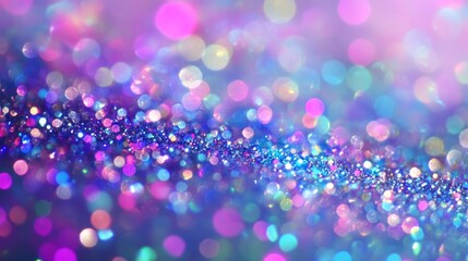 A gradient background transitioning from blue to white, adorned with small, defocused bokeh light points in vibrant hues of purple, pink, and green