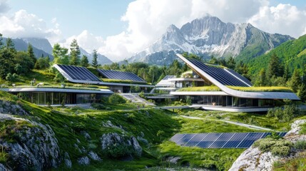 Harmonizing nature and futuristic architecture a serene landscape with solar-powered green roofs in a gigapixel environment