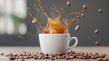 A dynamic coffee scene with liquid energy as steaming coffee splashes into a cup, surrounded by rich beans for a cozy, caffeinated vibe.