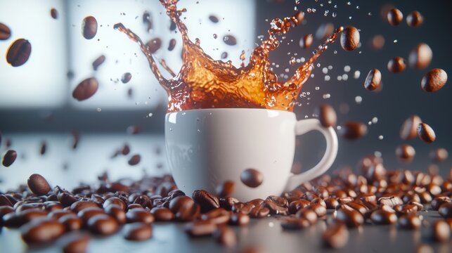 A dynamic coffee scene with liquid energy as steaming coffee splashes into a cup, surrounded by rich beans for a cozy, caffeinated vibe.