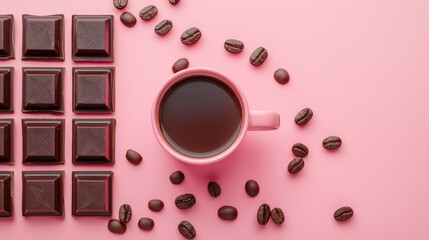A harmonious coffee and chocolate theme showcasing a pink mug of cocoa, accentuated by a grid of dark chocolate squares and scattered beans.
