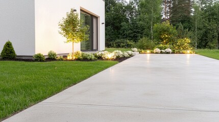 Modern house, landscaped garden, evening lighting, concrete path