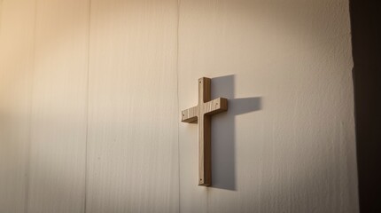 Naklejka premium Simple Wooden Cross on Wall Faith Religion Background