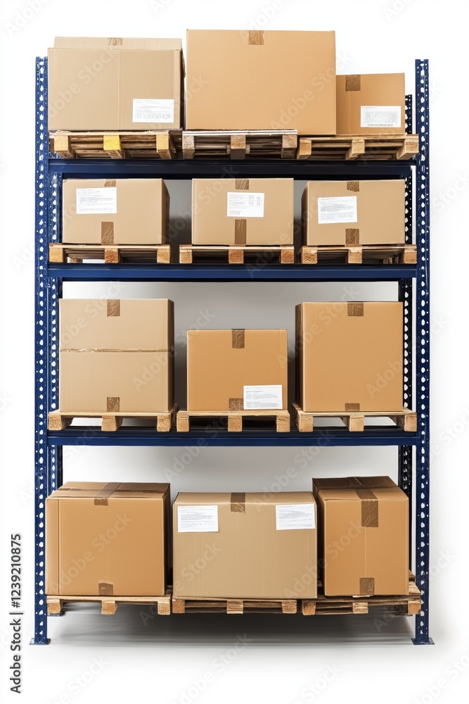 Poster a stack of boxes on a shelf with a blue rack. the boxes are of different sizes and are labeled with 