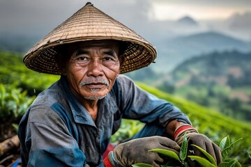 Vietnamese farmer harvests tea, mountain backdrop.  Stock photo.