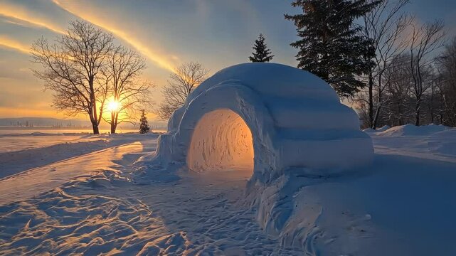 Warm light illuminating the entrance of a modern igloo built in a snowy landscape at dusk, creating a cozy and futuristic atmosphere video 4k