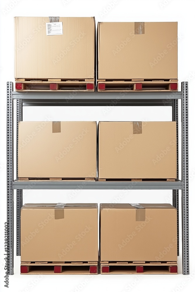 Poster a stack of boxes on a shelf. the boxes are brown and are piled on top of each other