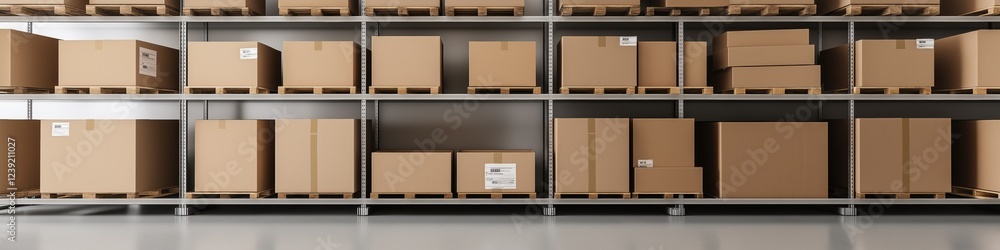 Poster a warehouse with many boxes on shelves. the boxes are stacked in rows and are labeled with numbers