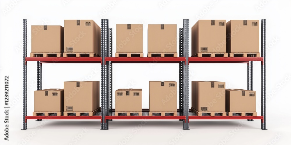 Poster a large number of boxes are stacked on a red shelf. the boxes are all different sizes and are organi