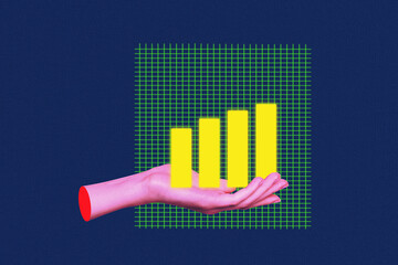 Creative design composite trend artwork collage of human hand hold graphics trader target business income budget visual space development