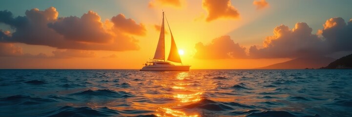 Fototapeta premium Golden hour sun dips below Caribbean sea, yacht silhouettes , water, cruise ship