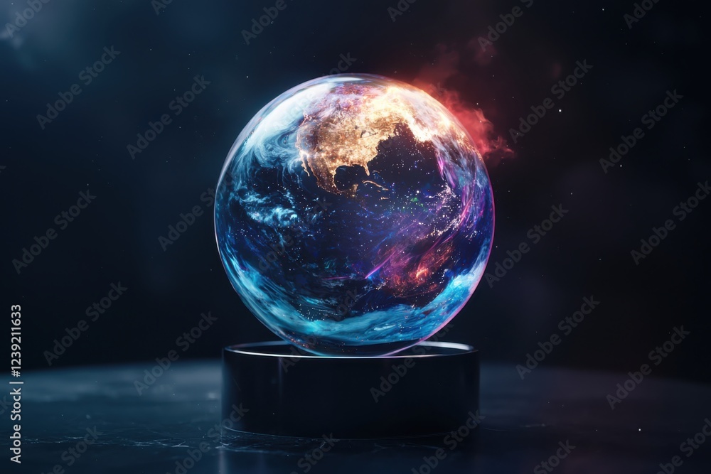 Poster visualizing climate change holographic globe digital environment climate data presentation dark giga
